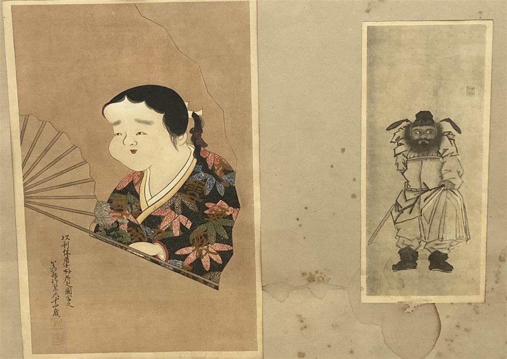 A 19th century Japanese coloured woodblock print of Okame and a monochrome print of Shoki, 33 x 22cm & 25 x 10.5cm